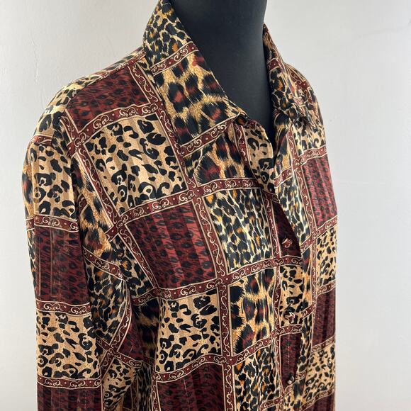 VINTAGE Yves St. Clair Button Down Shirt Top Leopard Print Long Sleeves Size 16 - Picture 5 of 9